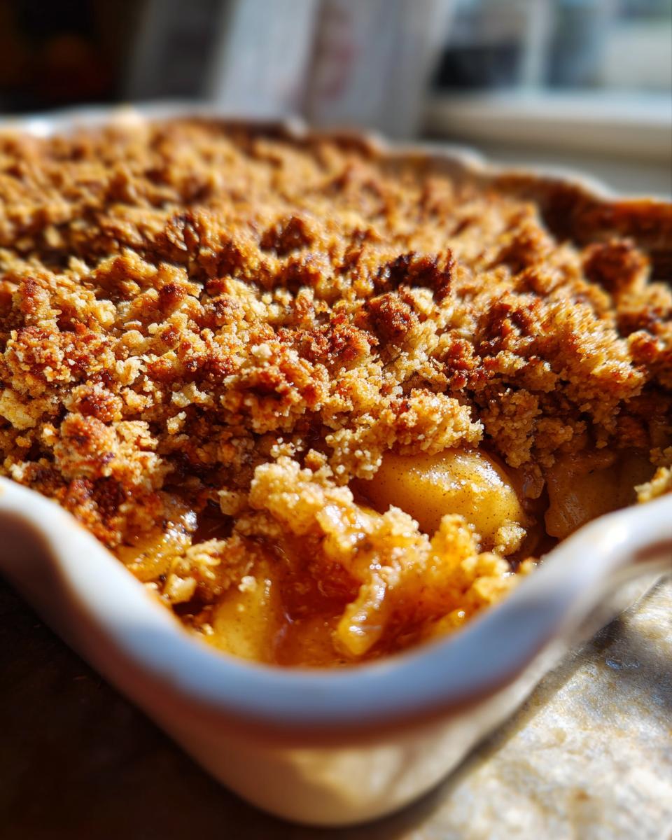 Close-up of a warm and buttery apple crisp in a baking dish, showing the golden-brown topping and bubbling apple filling.