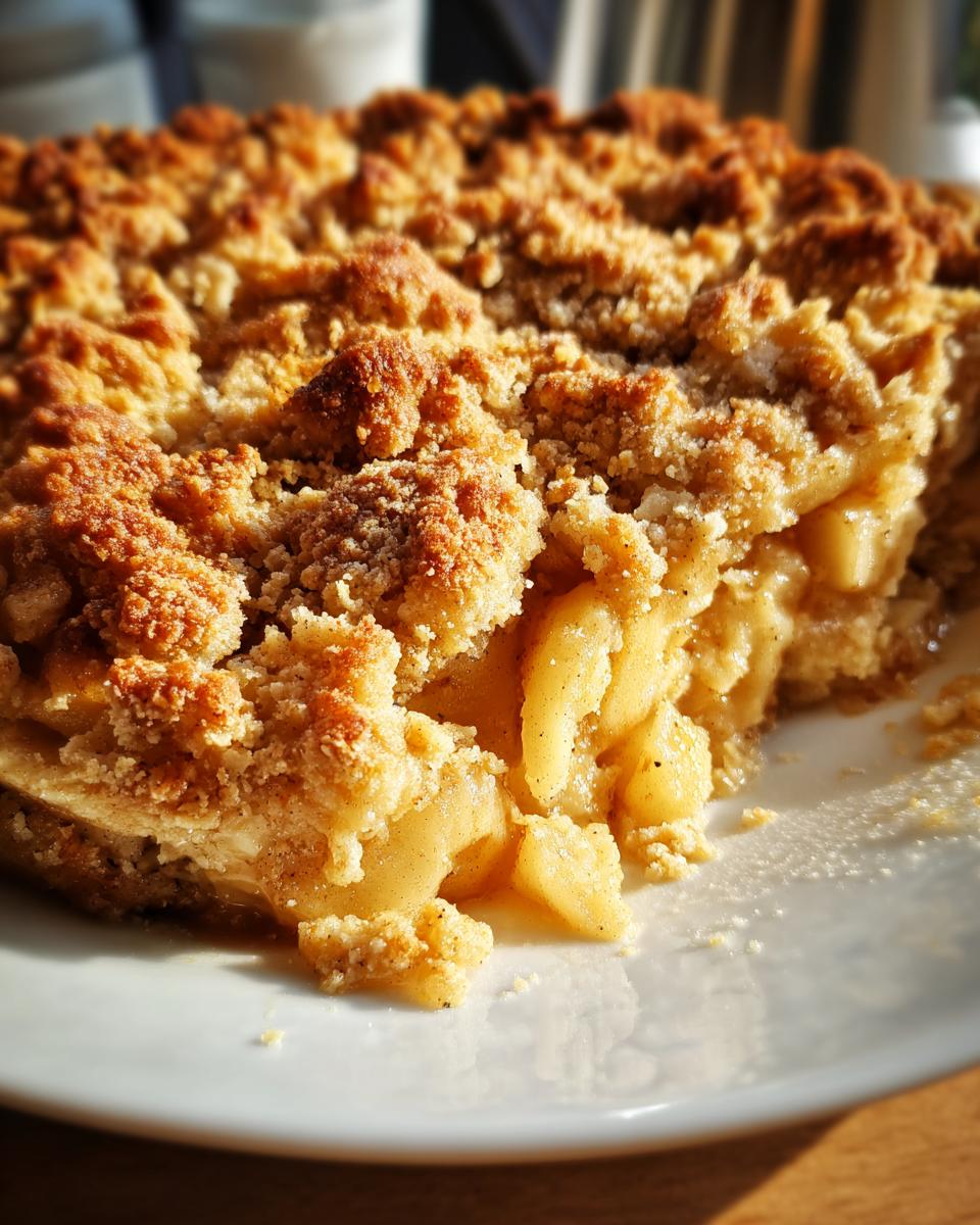 Close-up of a warm and buttery apple crisp slice on a white plate, showing tender apple filling and a golden crumble topping.