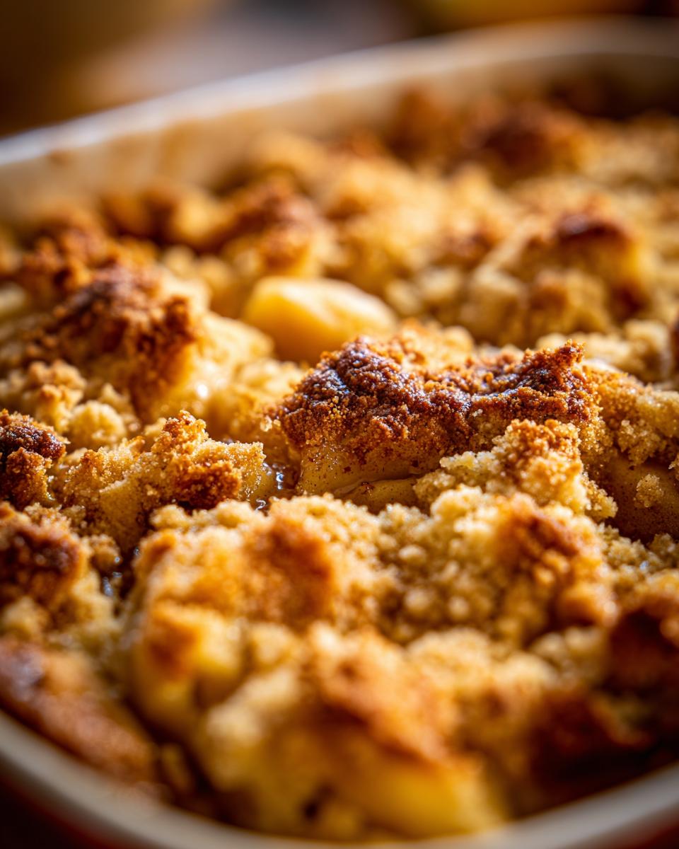 Close-up of a warm and buttery apple crisp in a baking dish, showing golden brown crumble topping.