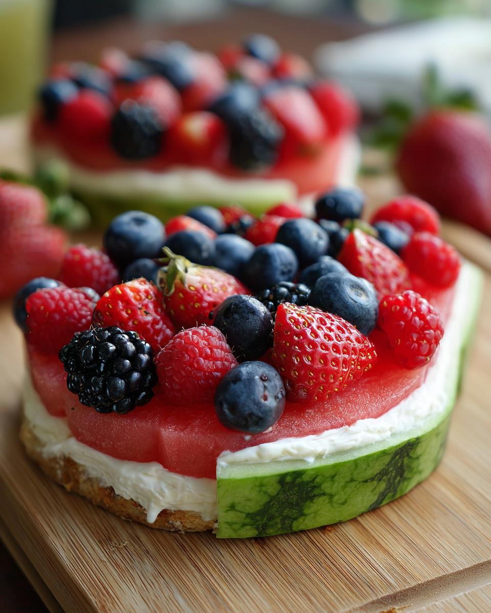 A slice of watermelon fruit pizza topped with cream cheese and fresh berries like strawberries, blueberries, raspberries, and blackberries.