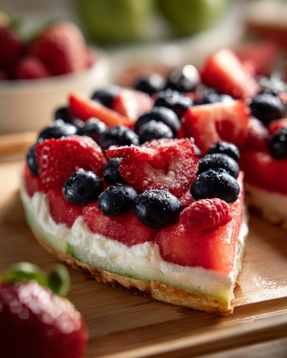 A slice of watermelon fruit pizza topped with fresh strawberries, blueberries, and raspberries.