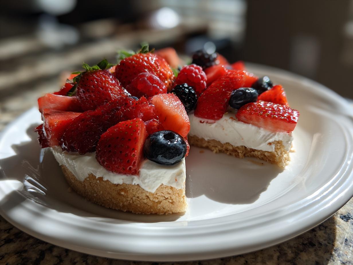 A slice of Watermelon Berry Fruit Pizza topped with fresh strawberries, blueberries, and raspberries.