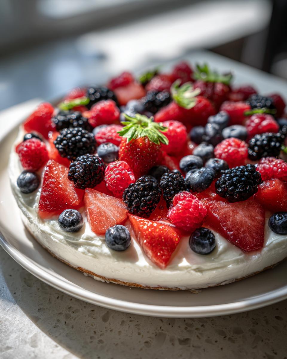A refreshing Watermelon Berry Fruit Pizza topped with fresh strawberries, blueberries, raspberries, and blackberries.
