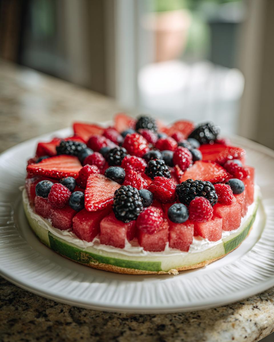A refreshing Watermelon Berry Fruit Pizza, topped with fresh strawberries, blueberries, raspberries, and blackberries, perfect for summer dessert.