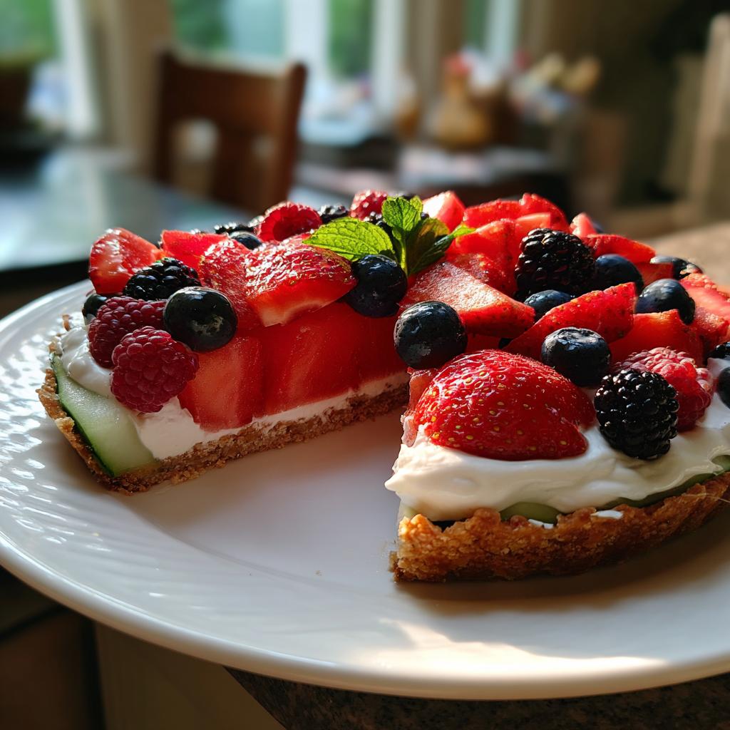 A slice of Watermelon Berry Fruit Pizza, showcasing fresh strawberries, blueberries, raspberries, and blackberries on a creamy base.