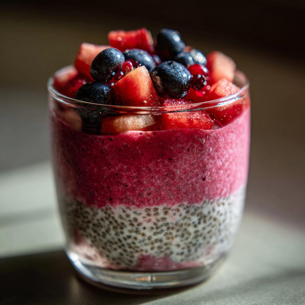 A refreshing Watermelon Chia Parfait layered with chia pudding, watermelon puree, and topped with fresh berries.