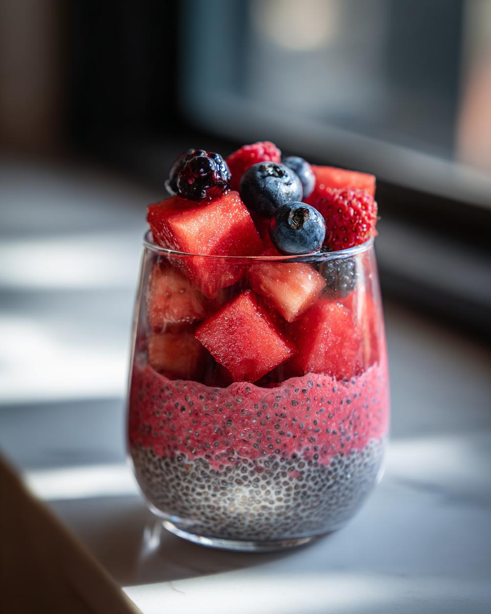 A refreshing watermelon chia parfait layered with chia pudding, watermelon cubes, blueberries, and raspberries.