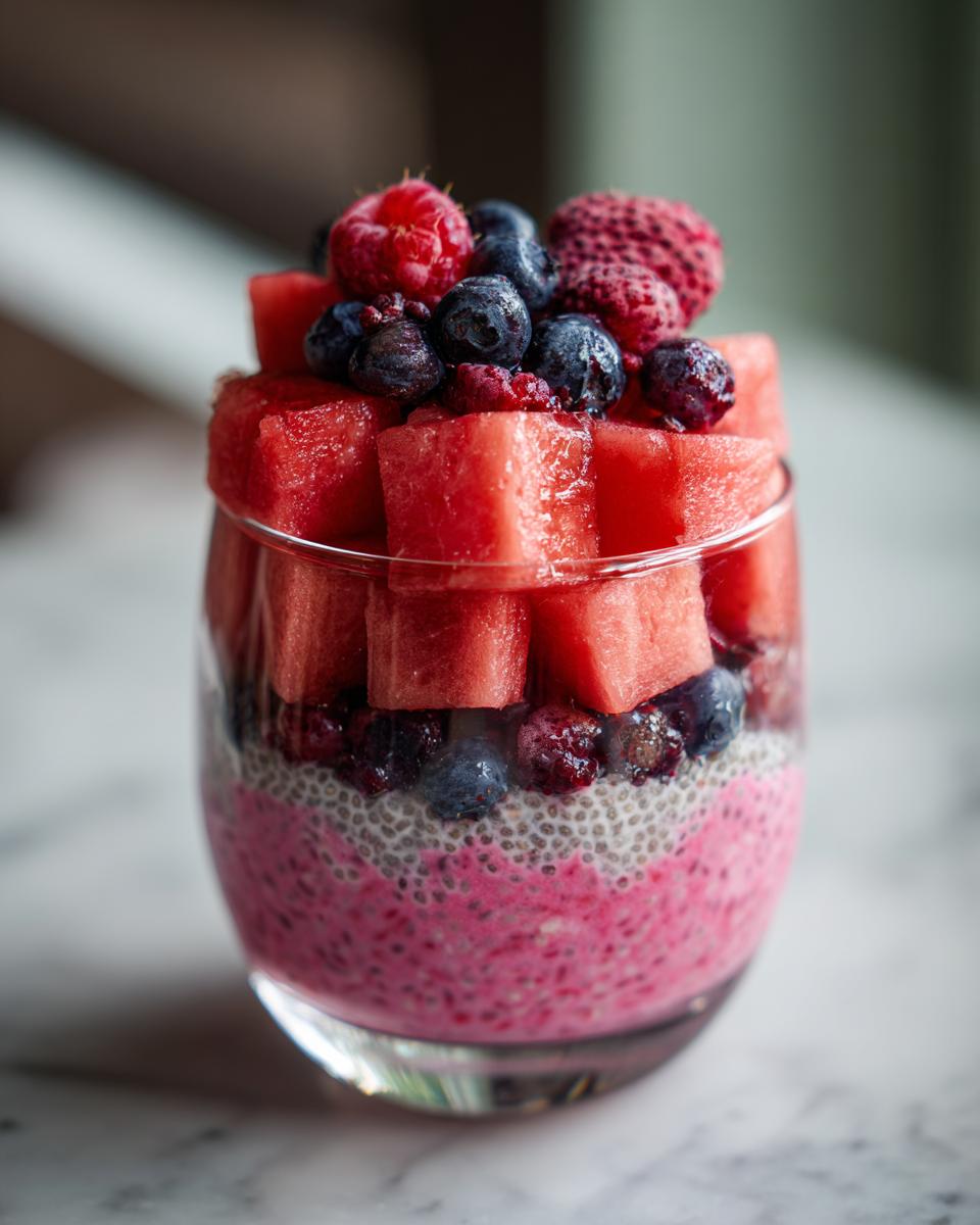 A refreshing Watermelon Chia Parfait layered with chia pudding, berries, and topped with watermelon cubes and fresh raspberries and blueberries.