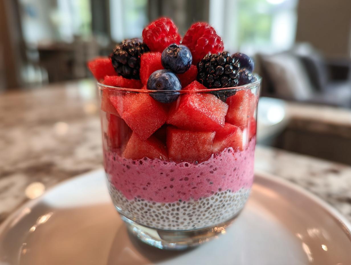 A refreshing watermelon chia parfait layered with chia pudding, watermelon chunks, and topped with fresh raspberries, blueberries, and blackberries.
