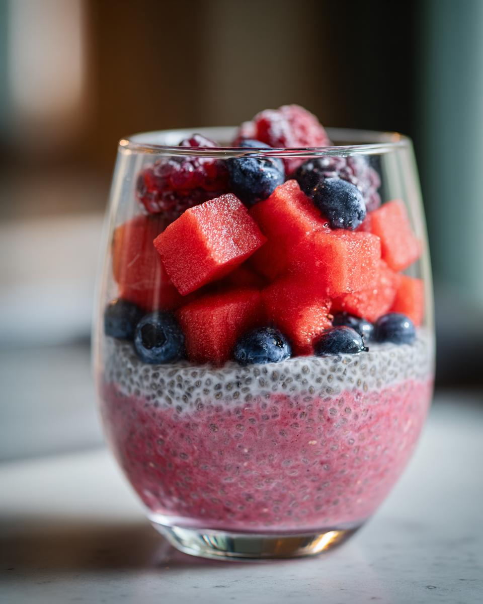 Close-up of a layered Watermelon Chia Parfait with fresh berries and fruit.