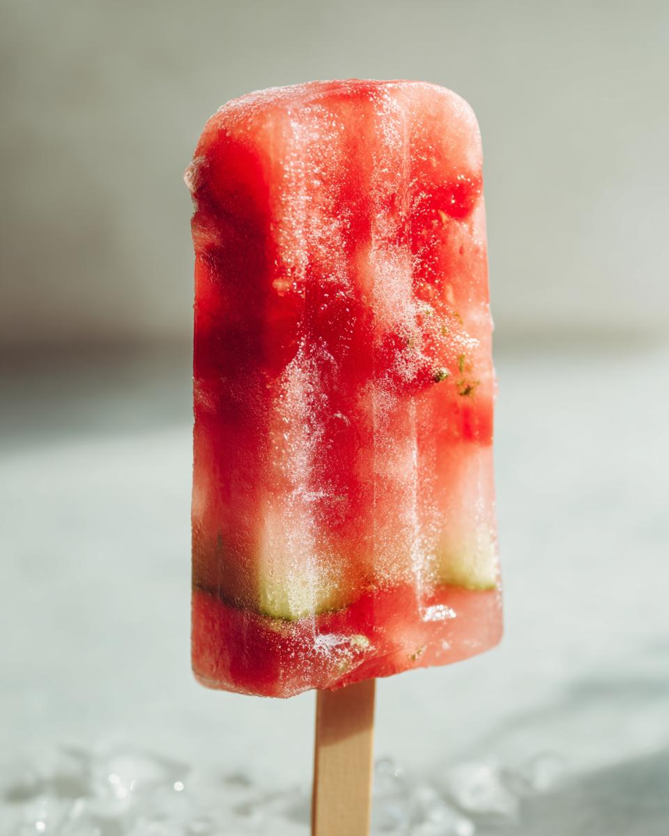 A close-up of a refreshing watermelon popsicle with visible chunks of watermelon and mint, on a stick, surrounded by ice.