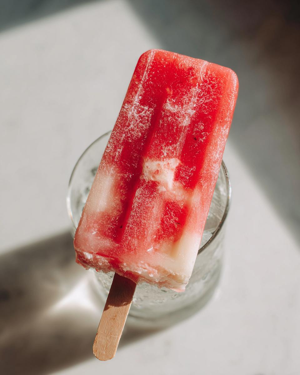 A refreshing watermelon and coconut lime popsicle on a wooden stick, resting on a glass.