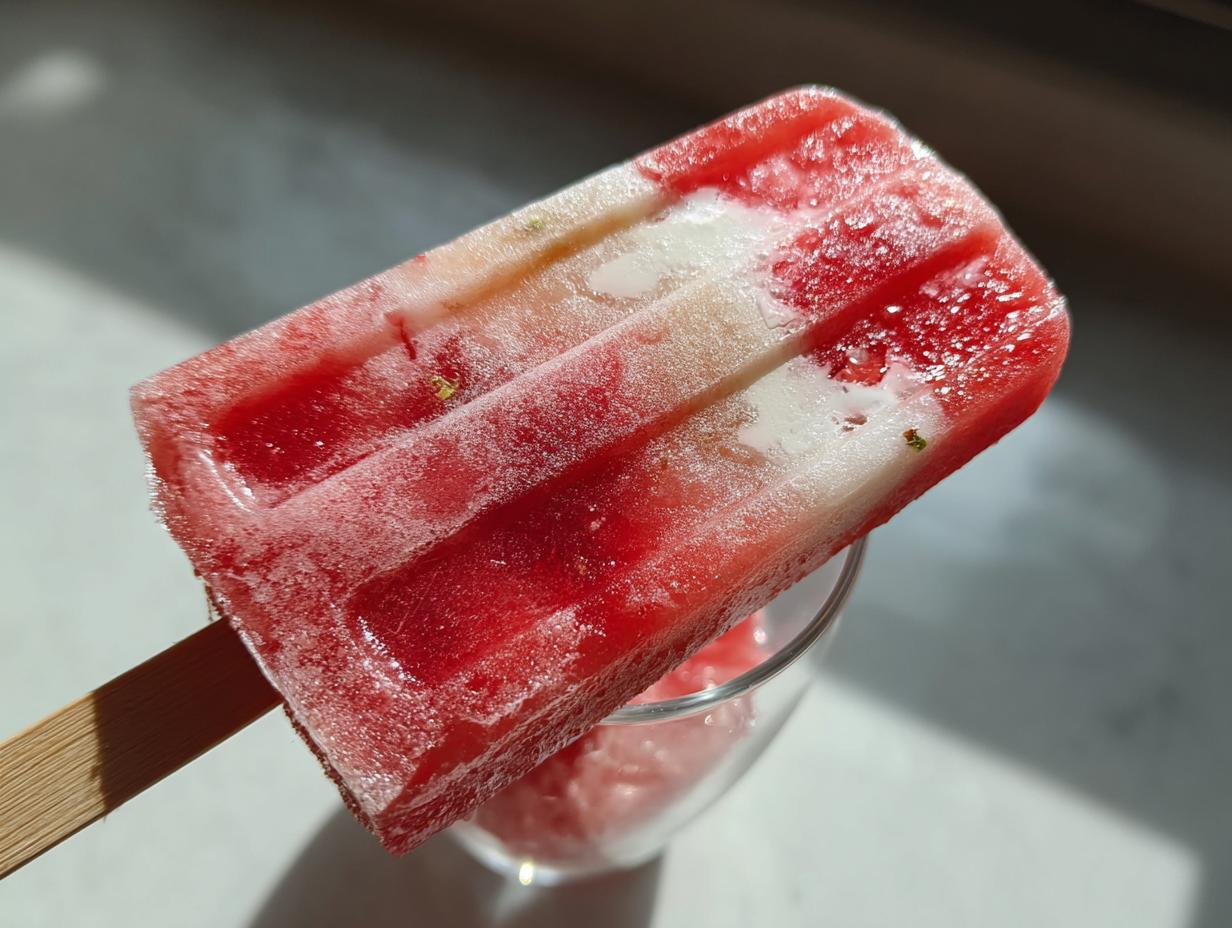 A close-up of a refreshing watermelon and coconut lime popsicle, perfect for kids, with visible fruit pieces and ice crystals.
