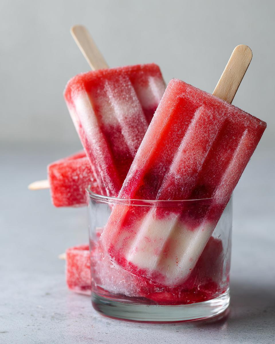 Close-up of refreshing watermelon popsicles with coconut and lime layers, served in a glass.