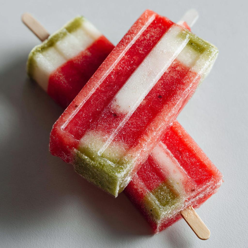 Two layered watermelon recipes with coconut lime popsicles on a white background.