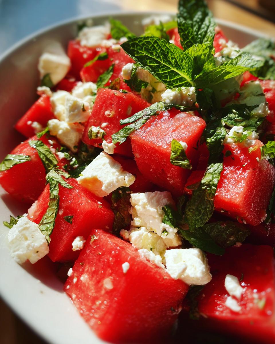 Close-up of a vibrant watermelon feta mint salad, showcasing juicy red watermelon cubes, crumbled feta cheese, and fresh mint leaves.