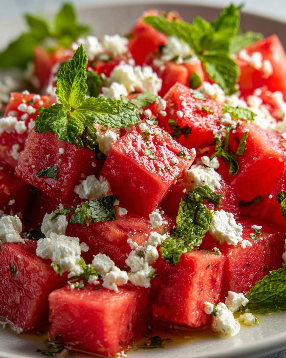 Close-up of a vibrant Watermelon Feta Mint Salad, showcasing cubed watermelon, crumbled feta cheese, and fresh mint leaves.