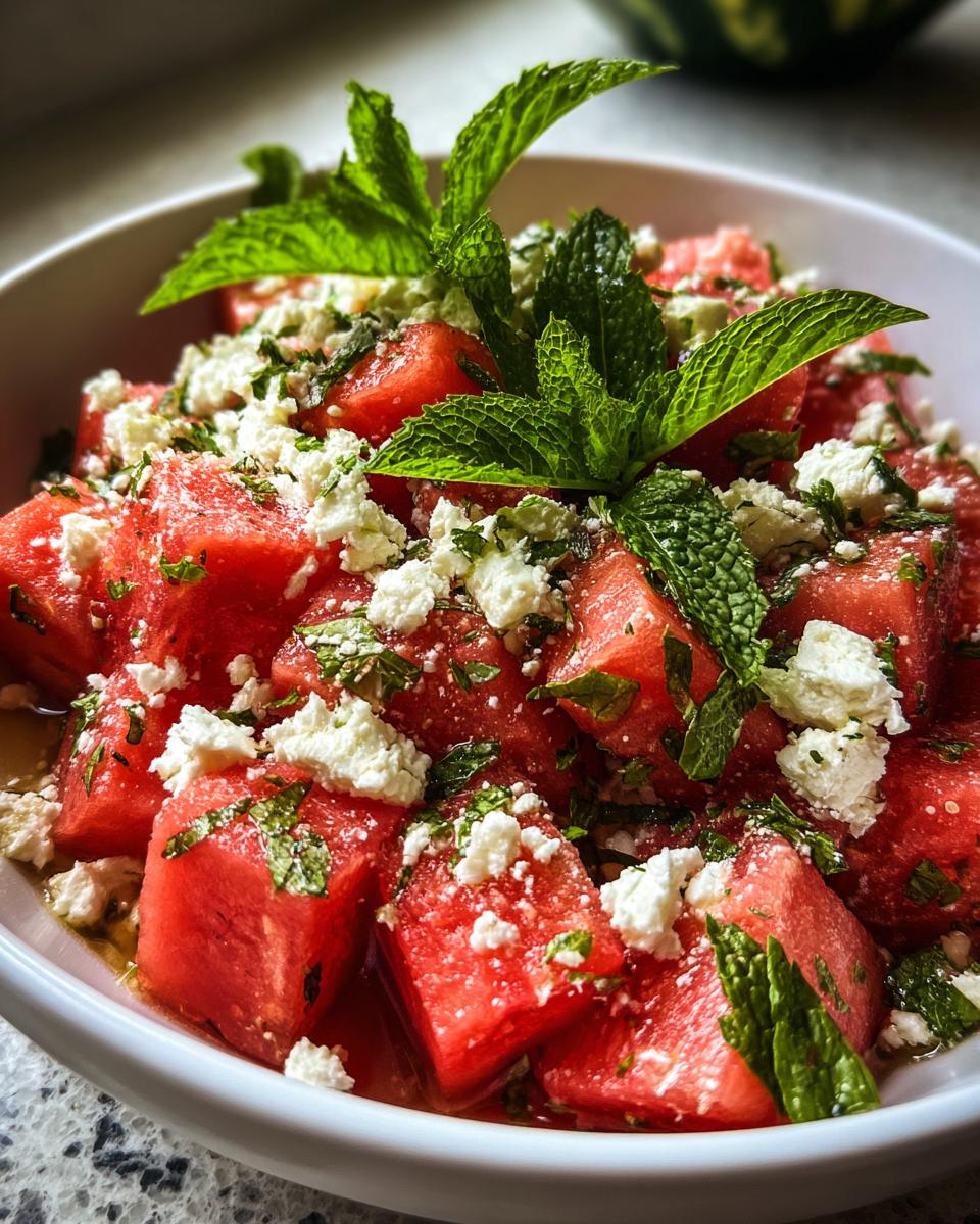 Close-up of a vibrant Watermelon Feta Mint Salad, featuring cubed watermelon, crumbled feta cheese, and fresh mint leaves.