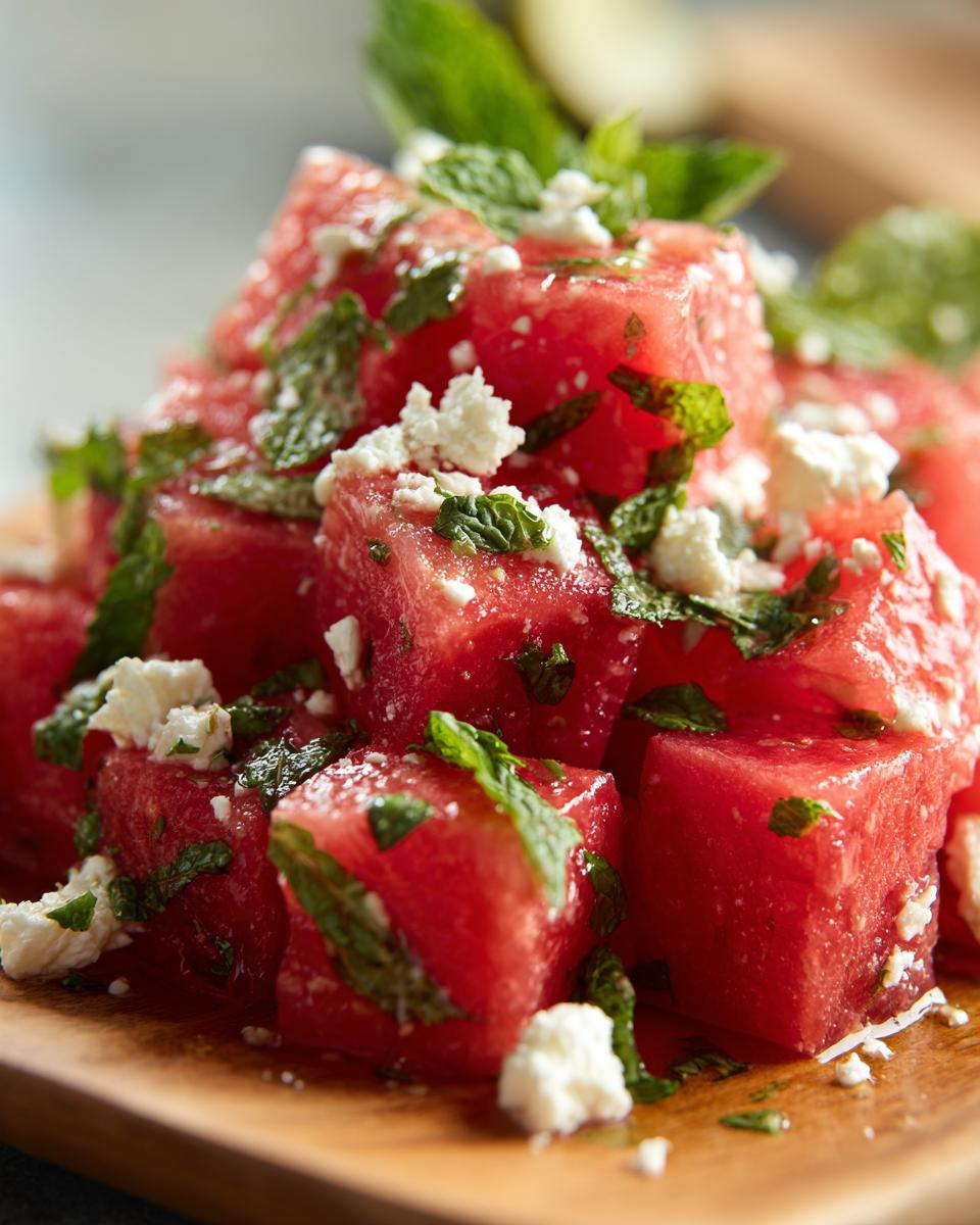 Close-up of a refreshing watermelon salad with feta cheese and fresh mint leaves, perfect for summer.