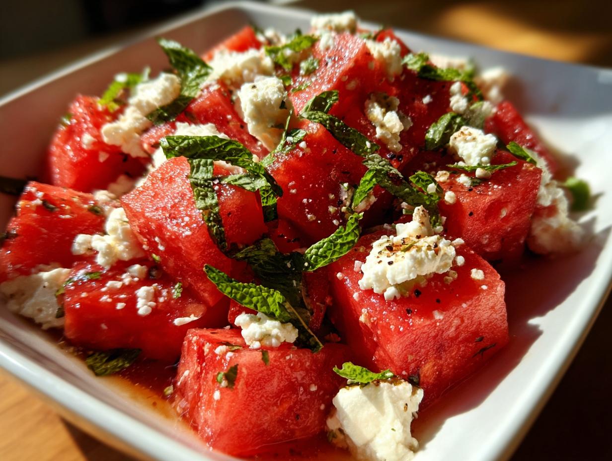 Close-up of a refreshing watermelon recipe with feta cheese and mint, perfect for summer days.