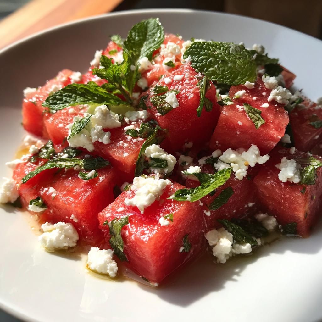 Close-up of a refreshing watermelon feta mint salad, featuring cubed watermelon, crumbled feta cheese, and fresh mint leaves.