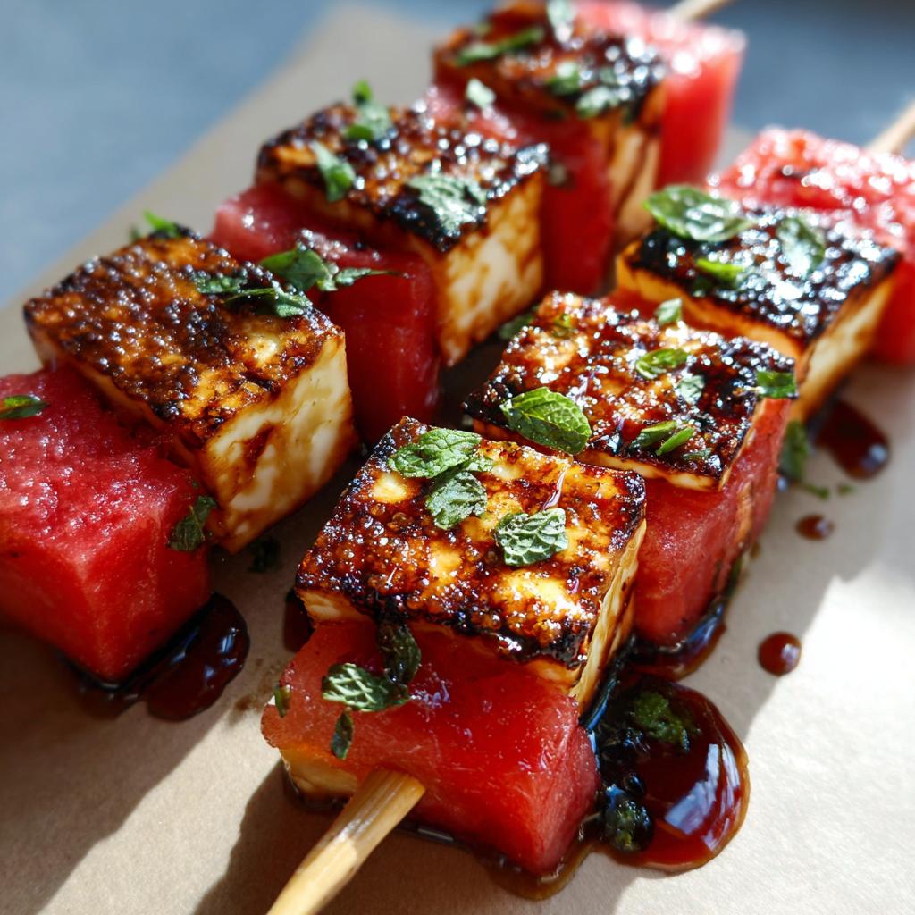 Close-up of grilled watermelon and halloumi cheese skewers, drizzled with balsamic glaze and topped with fresh mint.