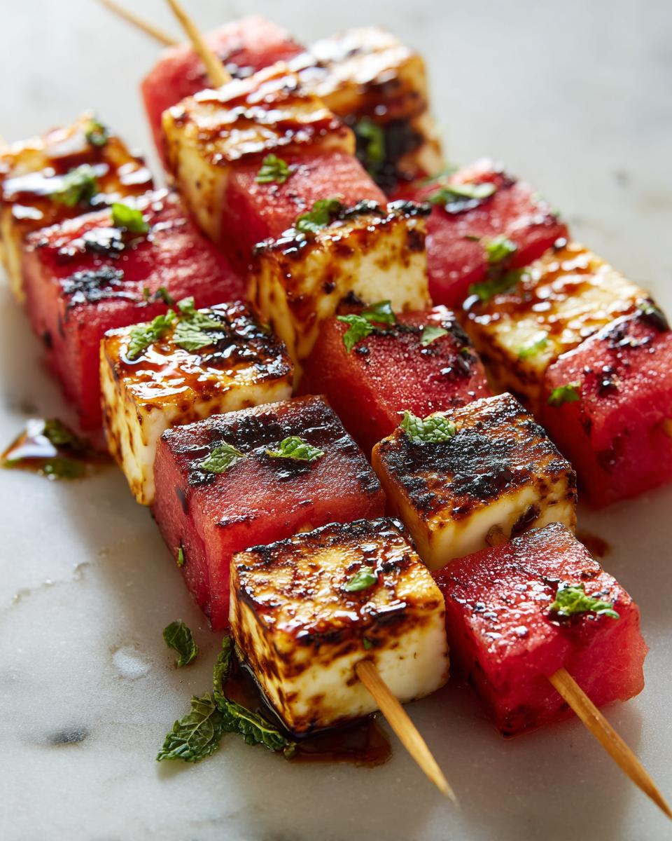 Close-up of grilled watermelon and halloumi cheese skewers drizzled with glaze and garnished with mint.