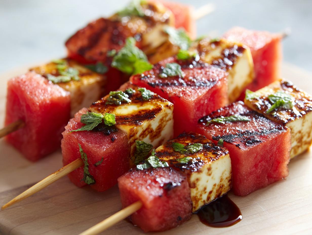 Close-up of grilled watermelon and halloumi cheese skewers with mint and a balsamic glaze.