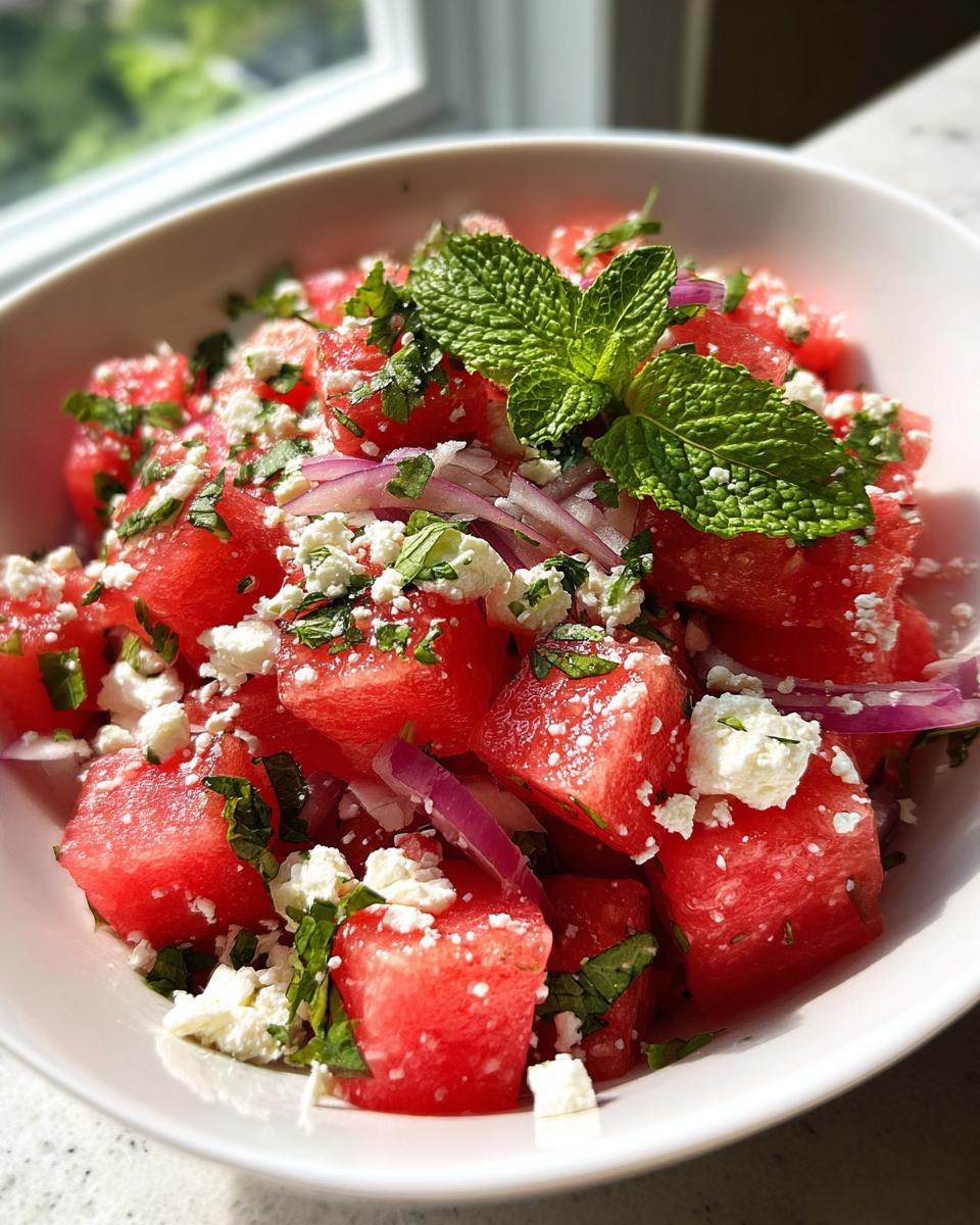 A close-up of a refreshing summer salad with cubed watermelon, crumbled feta cheese, fresh mint, and thinly sliced red onion.