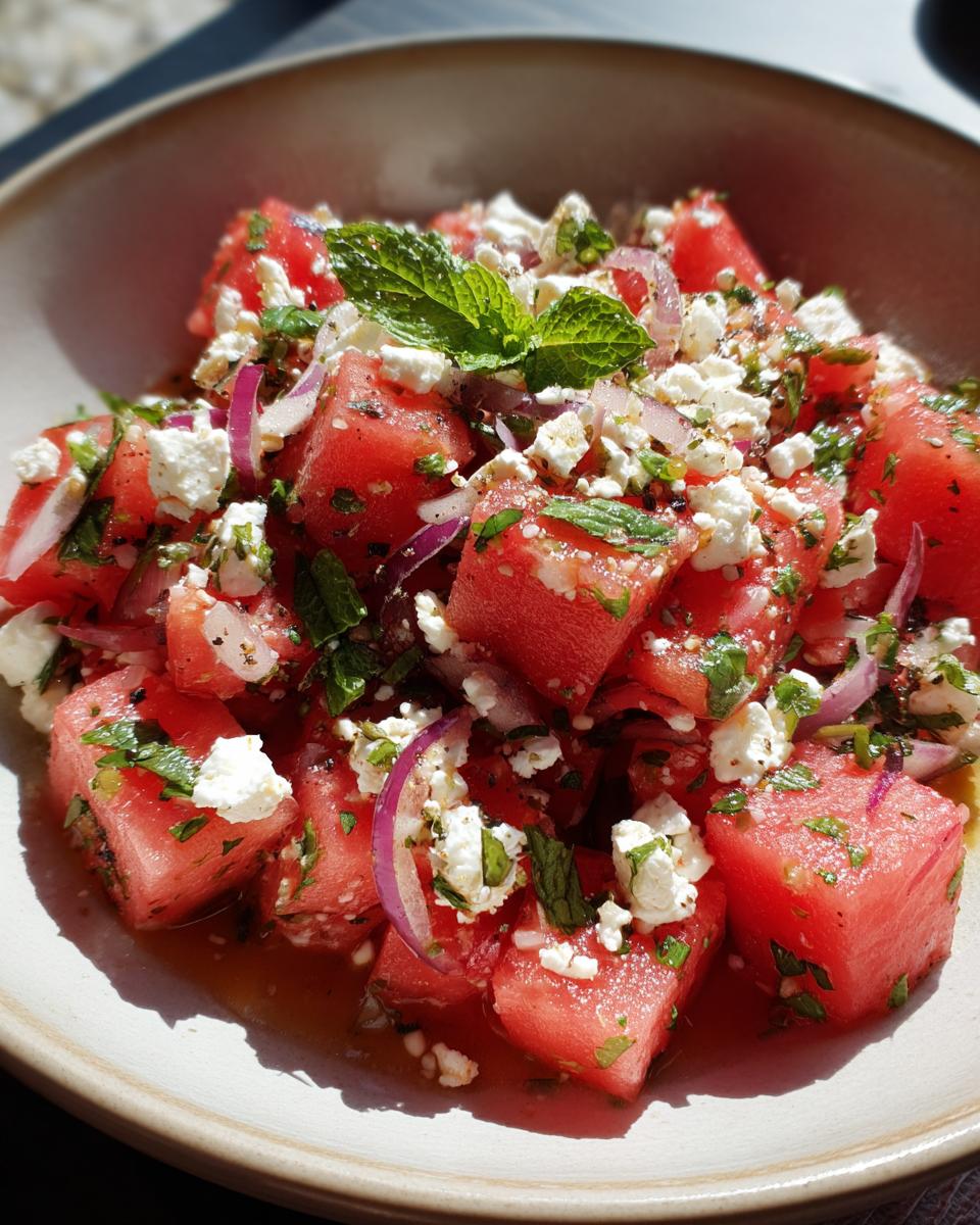 Close-up of a refreshing watermelon salad with mint and salty feta cheese, a perfect summer salad.