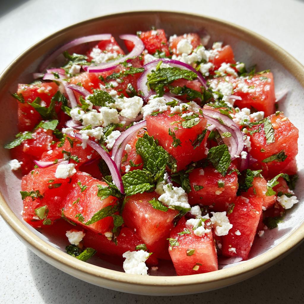 Close-up of a vibrant watermelon mint feta salad with red onion slices in a bowl.