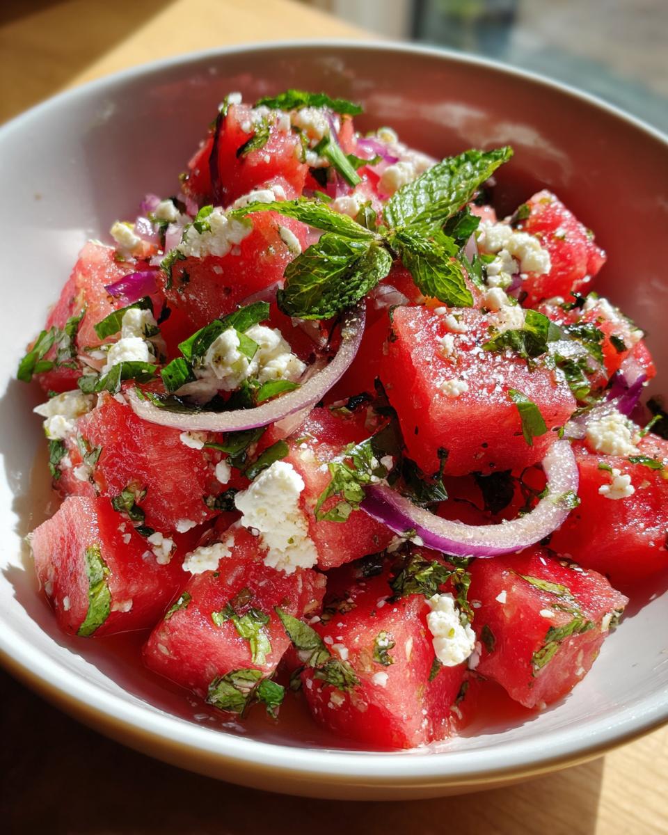 A close-up of a vibrant Summer Salad Recipe with Watermelon, Mint, and Salty Feta, garnished with red onion.
