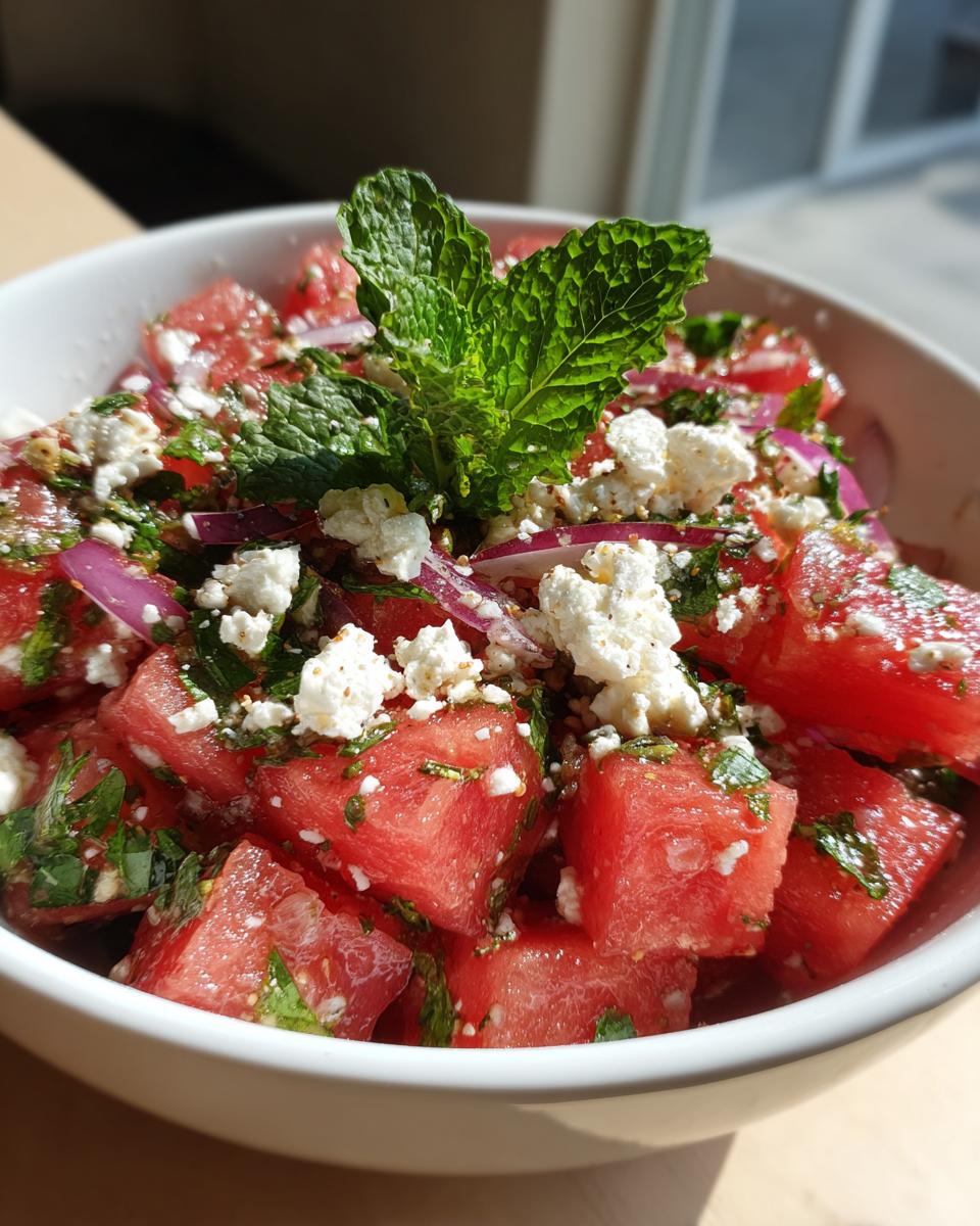 Close-up of a vibrant Summer Salad with Watermelon, Mint, and Salty Feta cheese, with red onion and herbs.