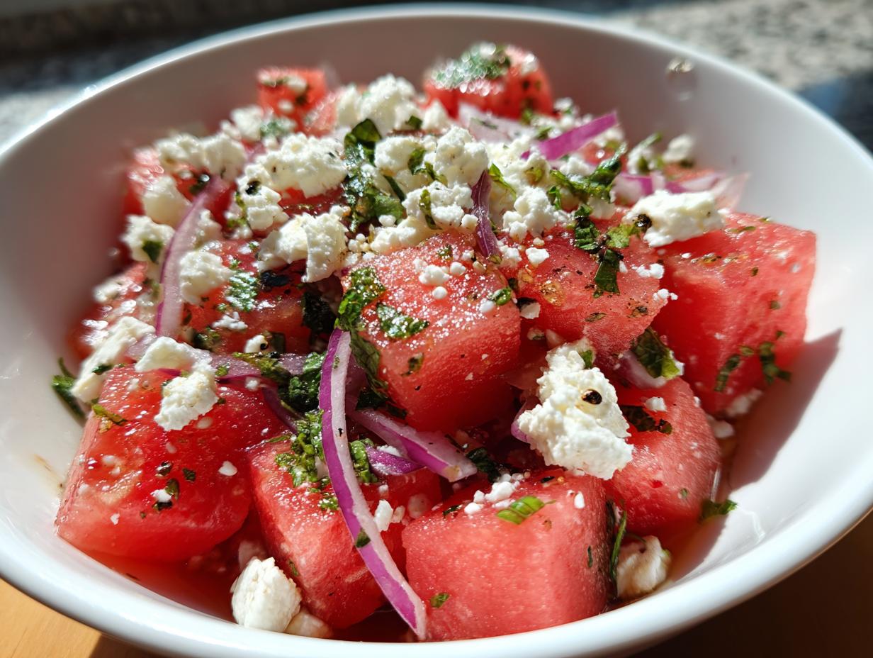 Close-up of a refreshing watermelon salad with mint, red onion, and salty feta cheese.