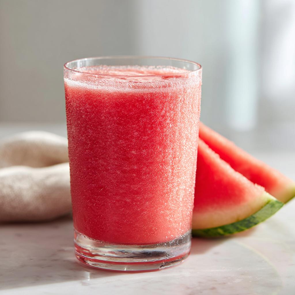 A tall glass filled with a frosty watermelon drink, garnished with watermelon slices, perfect for poolside sipping.