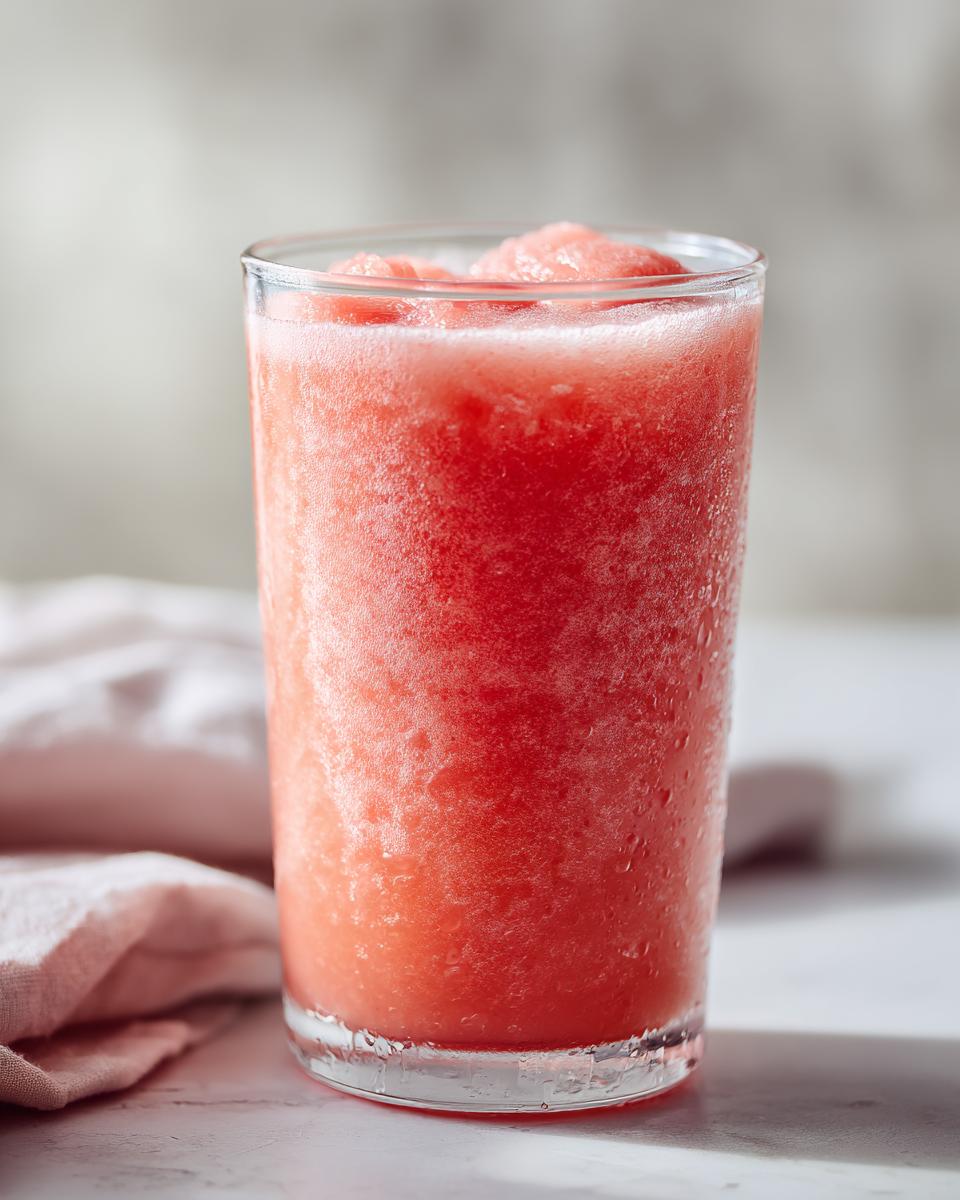 A tall glass filled with a frosty, pink watermelon and frozen lemonade slush.