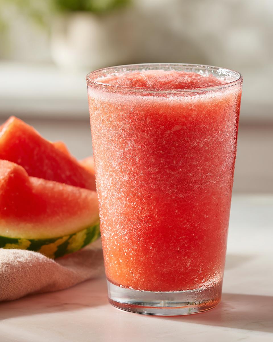 A close-up of a frosty glass filled with a blended watermelon and frozen lemonade drink, with watermelon slices on the side.
