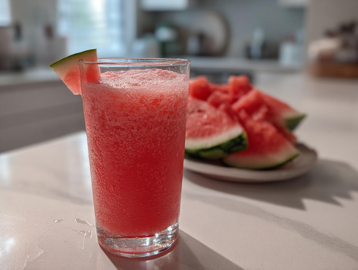 A tall glass filled with a pink, frothy watermelon and frozen lemonade drink, garnished with a watermelon wedge.
