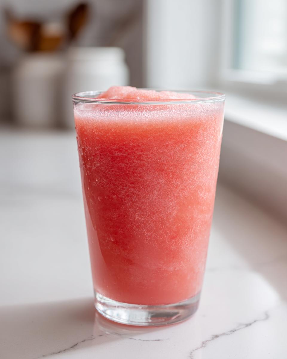 A tall glass filled with a frosty, pink watermelon and frozen lemonade slushy, perfect for poolside sipping.