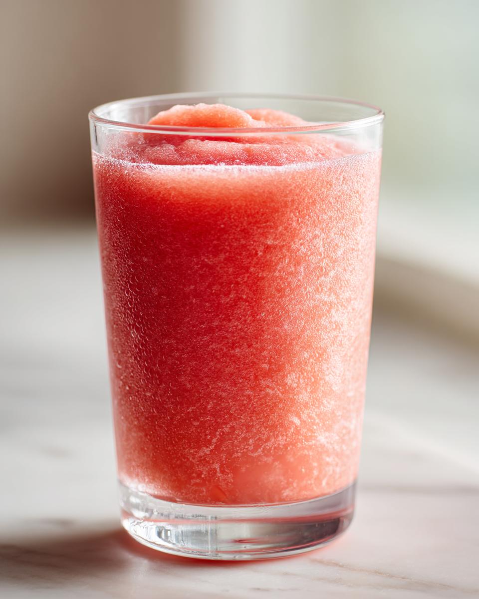 A tall glass filled with a frosty, pink watermelon and frozen lemonade slushy, perfect for poolside sipping.