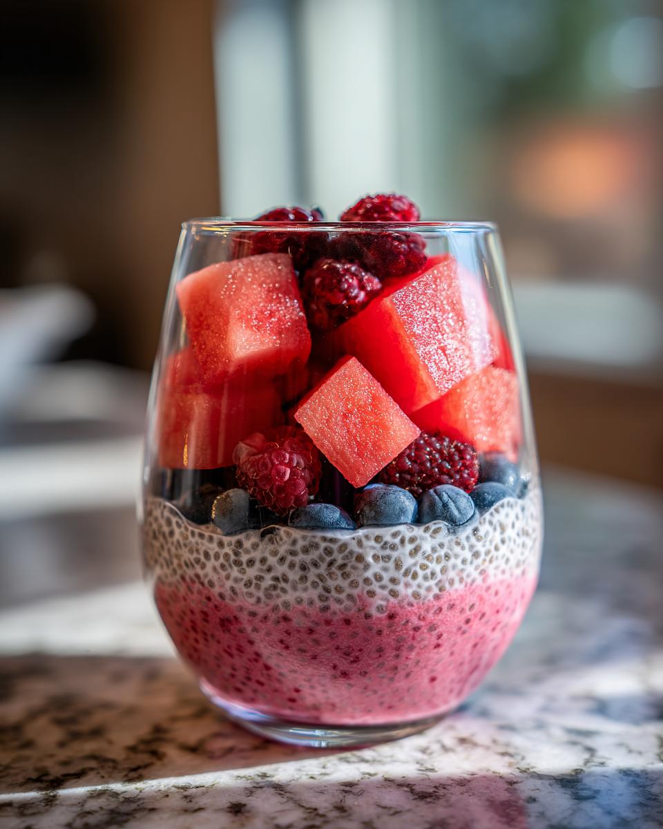 Close-up of a glass filled with watermelon recipes for chia parfaits, layered with chia pudding, blueberries, raspberries, and watermelon chunks.