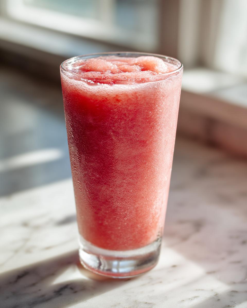A tall glass filled with a vibrant pink watermelon slushy, perfect for a hot day.