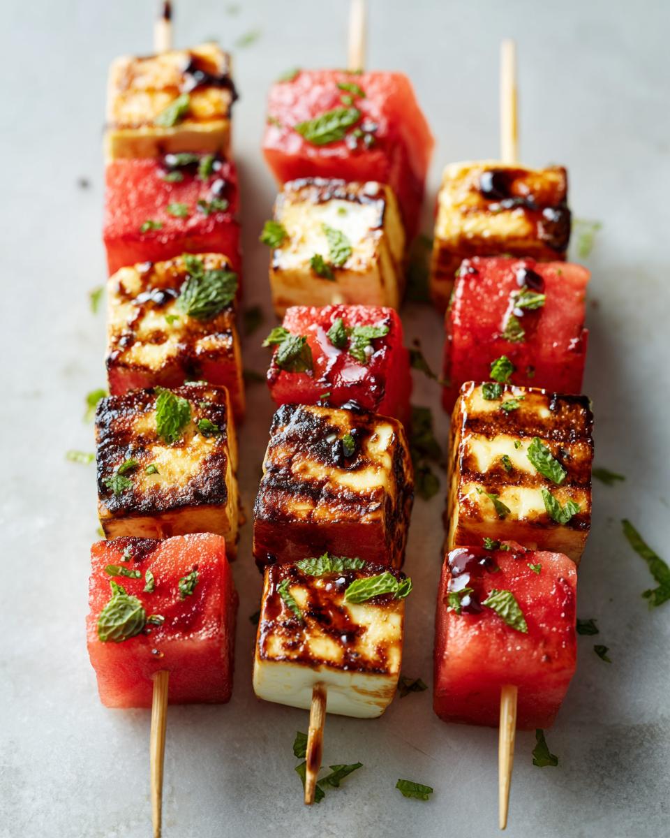 Close-up of grilled halloumi cheese and watermelon cubes on skewers, drizzled with balsamic glaze and garnished with mint.