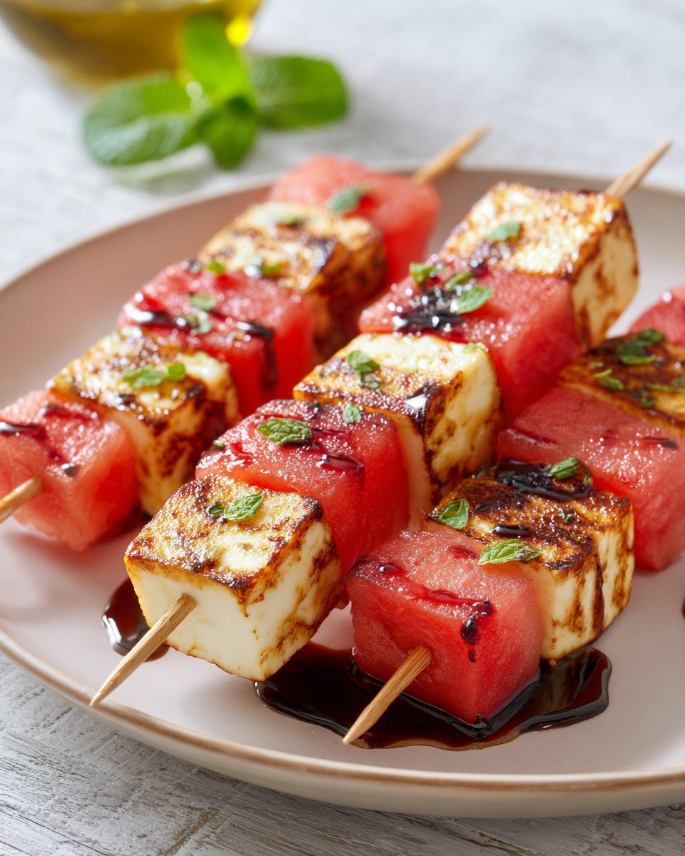 Close-up of grilled watermelon and halloumi cheese skewers drizzled with balsamic glaze and garnished with mint.