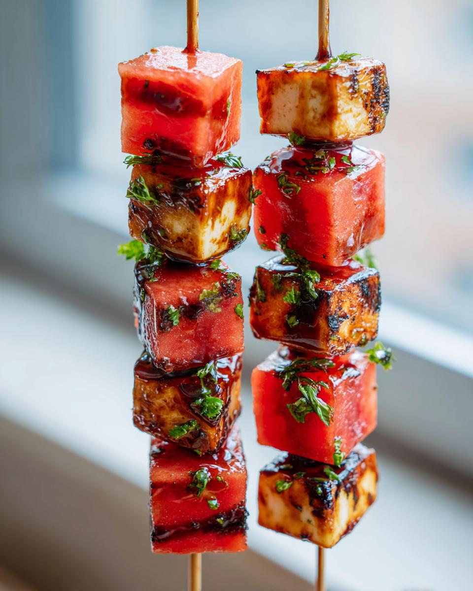 Close-up of grilled watermelon and halloumi cheese skewers, drizzled with a glaze and sprinkled with herbs.