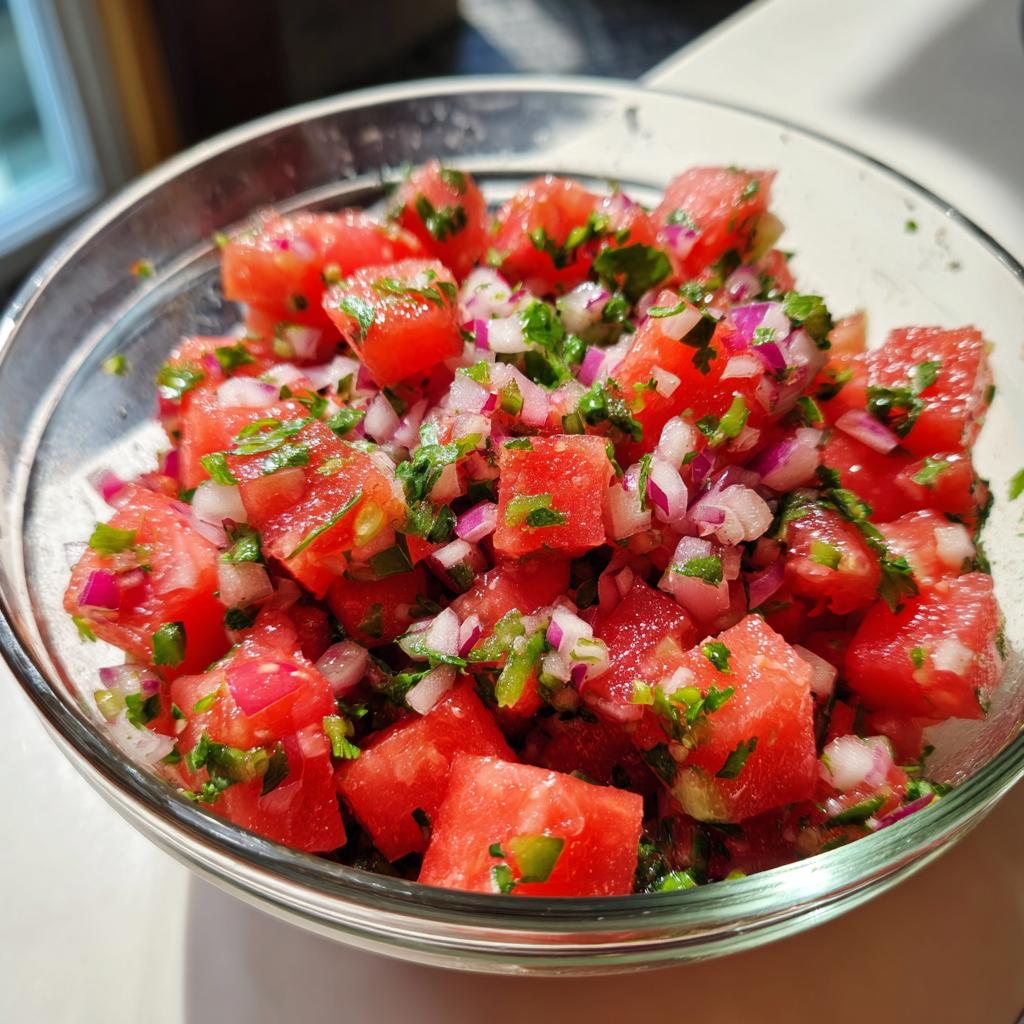 Close-up of a glass bowl filled with fresh watermelon salsa, featuring diced watermelon, red onion, and cilantro.