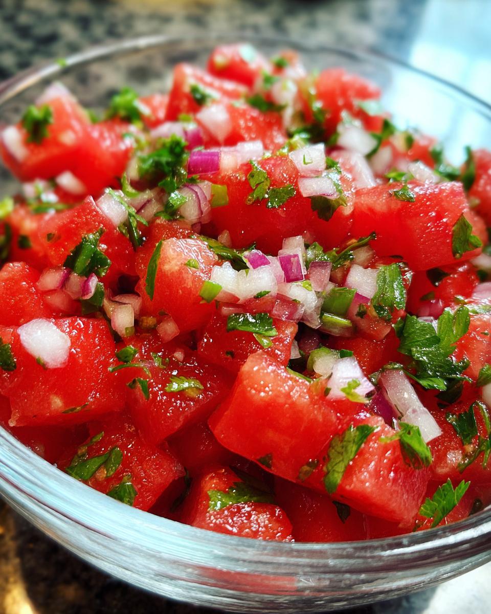 Close-up of a clear bowl filled with fresh watermelon salsa, featuring diced watermelon, red onion, and cilantro.