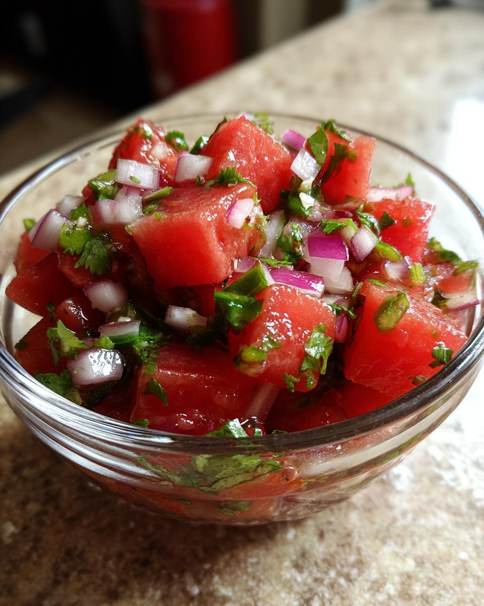 Close-up of a glass bowl filled with fresh watermelon salsa, featuring diced watermelon, red onion, and cilantro.