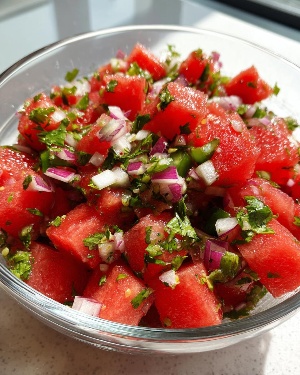 Close-up of a clear bowl filled with fresh watermelon salsa, featuring diced watermelon, red onion, cilantro, and jalapeño.