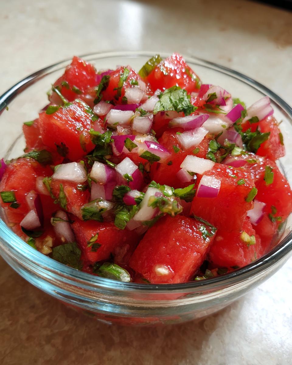 A close-up of fresh watermelon salsa in a glass bowl, featuring diced watermelon, red onion, and cilantro.